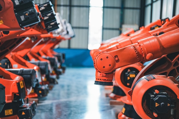 Ingeniera de fábrica mujer inspeccionando en la máquina con tableta inteligente Trabajador trabaja en el brazo de la máquina robot La máquina de soldadura con un sistema remoto en una fábrica industrial Concepto de inteligencia artificial