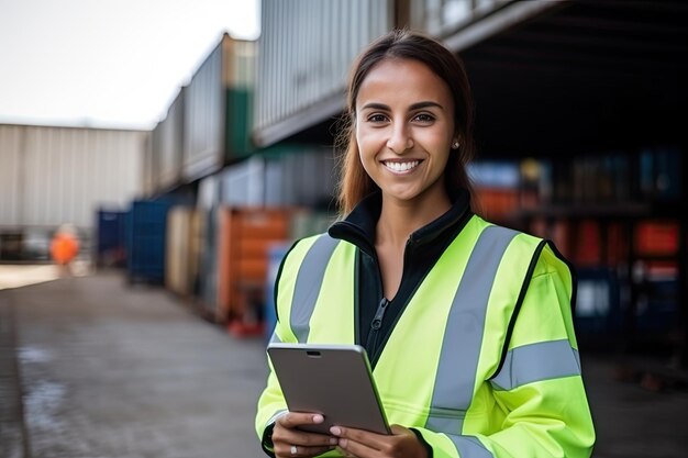 Ingeniera industrial femenina Chica hermosa con sombrero con tableta Supervisora de seguridad de computadora Inspectora en terminal de contenedores Ilustración de IA generativa