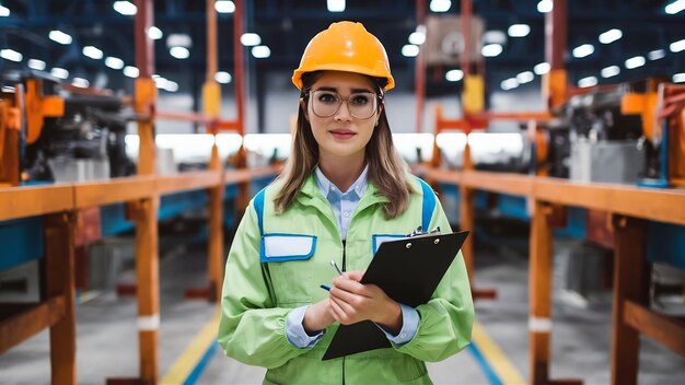 Ingeniera industrial en uniforme con clipboard sobre un fondo blanco