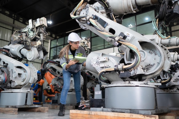 Foto una ingeniera instala un programa en un brazo robótico en un almacén de robots y prueba la operación antes de enviar la máquina al cliente