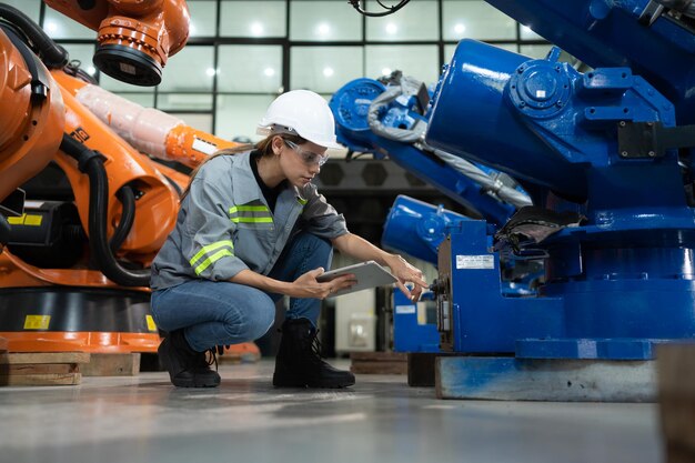 Una ingeniera instala un programa en un brazo robótico en un almacén de robots y prueba la operación antes de enviar la máquina al cliente