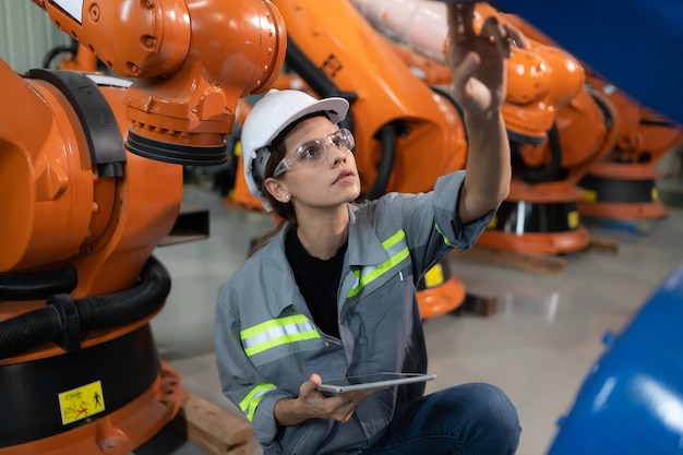 Una ingeniera instala un programa en un brazo robótico en un almacén de robots y prueba la operación antes de enviar la máquina al cliente