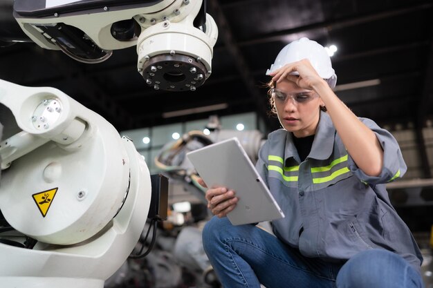 Foto una ingeniera instala un programa en un brazo robótico en un almacén de robots