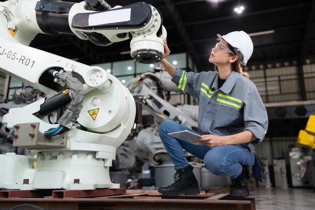 Foto una ingeniera instala un programa en un brazo robótico en un almacén de robots