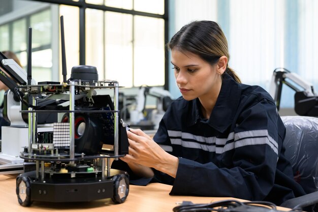 Ingeniera de mantenimiento revisando y reparando máquinas robóticas automáticas en una fábrica industrial