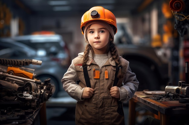 Ingeniera niña taller de ensamblaje de automóviles Genera IA