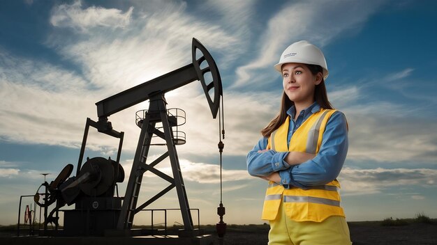 Foto ingeniera de pie al lado de bombas de aceite con un cielo
