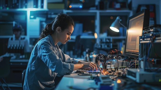 Ingeniera que trabaja en placas de circuitos en el laboratorio