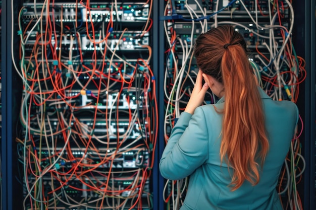 Ingeniera que trata de entender el lío de la red Rack de computadoras en el centro de computadoras lleno de cables Bi