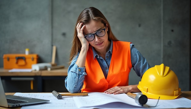 Una ingeniera revisa planos en su escritorio pareciendo estresada durante un día de trabajo en su oficina