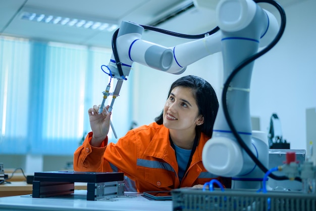 Ingeniera de robótica que trabaja con la mano robótica de programación y manipulación