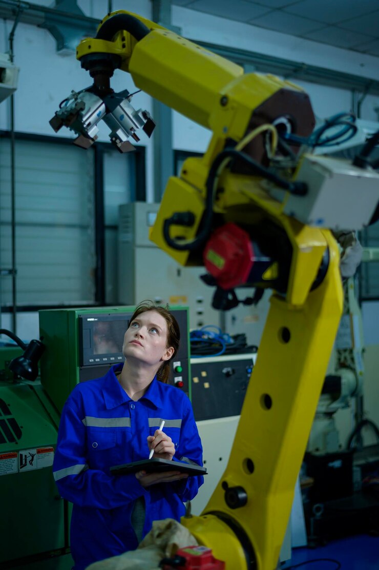 Foto ingeniera de robótica que trabaja con la programación y manipulación de robots automáticos de mano