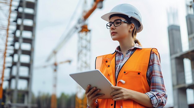 Ingeniera segura con casco y chaleco de seguridad usando una tableta en el sitio de construcción