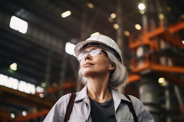 Ingeniera sénior en una fábrica industrial retrato de una directora