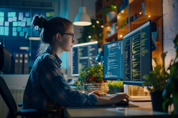 Ingeniera de software femenina escribiendo código en computadora de escritorio con configuración de múltiples pantallas en coworking