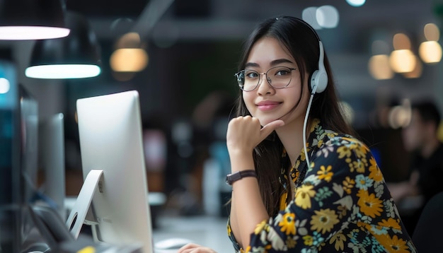 Ingeniera de software femenina pensativa con auriculares y gafas sonríe mientras trabaja en un proyecto