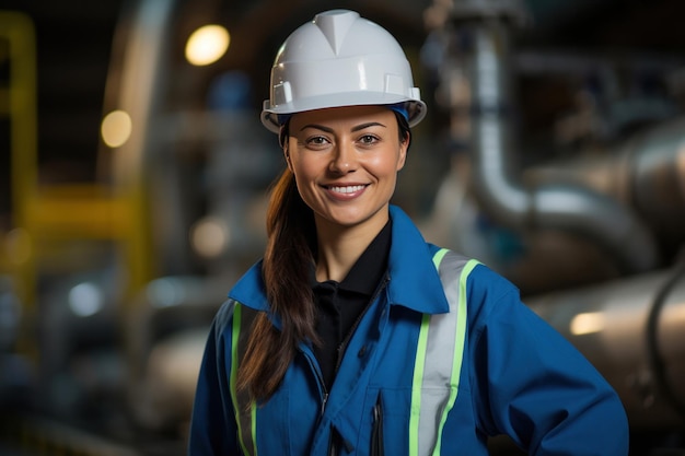 Una ingeniera sonriente y confiada en una refinería de petróleo que supervisa las operaciones y asegura la producción eficiente de productos petrolíferos