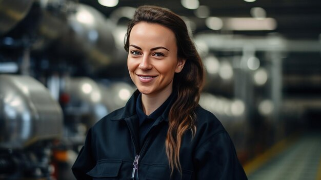 Una ingeniera sonriente y confiada en una refinería de petróleo que supervisa las operaciones y asegura la producción eficiente de productos petrolíferos