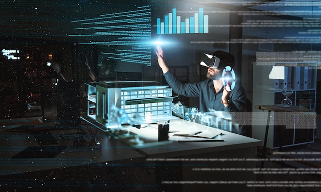 Ingeniería de holograma de arquitectura u hombre en vr con datos de planos o planificación de un edificio inmobiliario Modelo 3d futurista o diseñador con visión holográfica del proyecto por la noche en realidad virtual