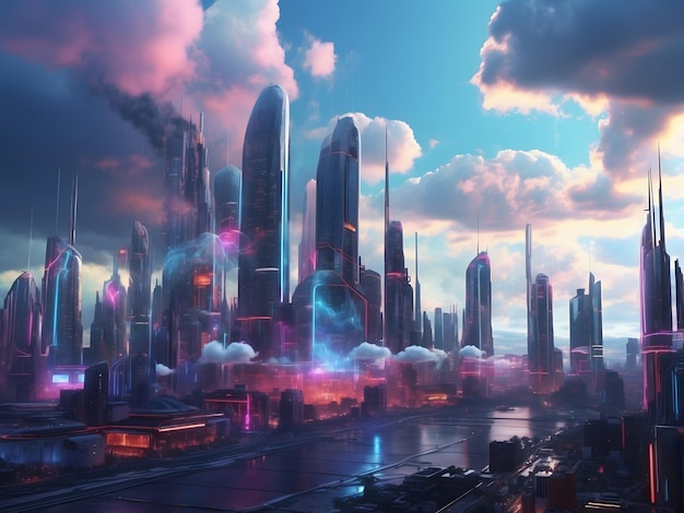 Foto ingeniería de nubes en un paisaje urbano futurista perspectiva aérea de alta tecnología detalles de colores vibrantes