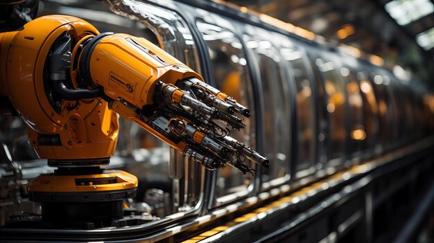 Foto ingeniería de precisión de brazo robótico avanzado en la línea de ensamblaje automotriz industrial moderna