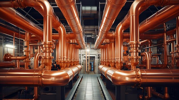 Ingeniería de tuberías de cobre en la sala de calderas