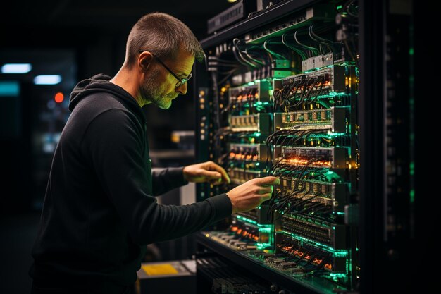 Foto ingeniero administrador de sistemas trabajando en la centralita con el rack de servidores