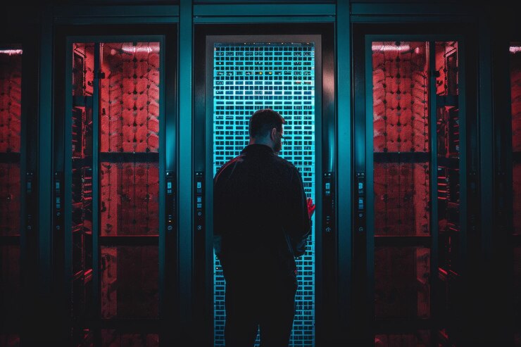 Foto ingeniero administrando un servidor de computadora a través de puertas enrejadas que muestran las complejidades del servidor
