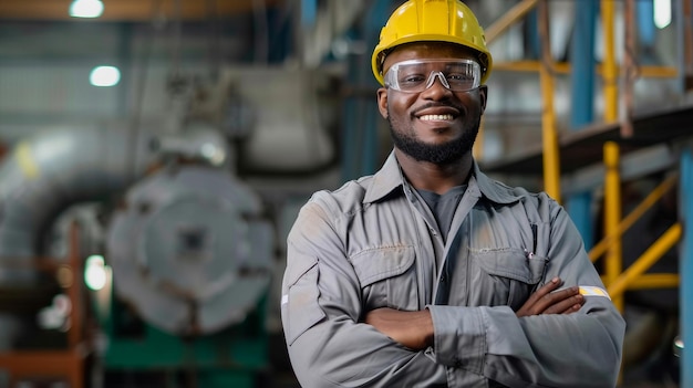 Foto ingeniero afroamericano en uniforme sonriendo y de pie con los brazos cruzados en una fábrica industrial