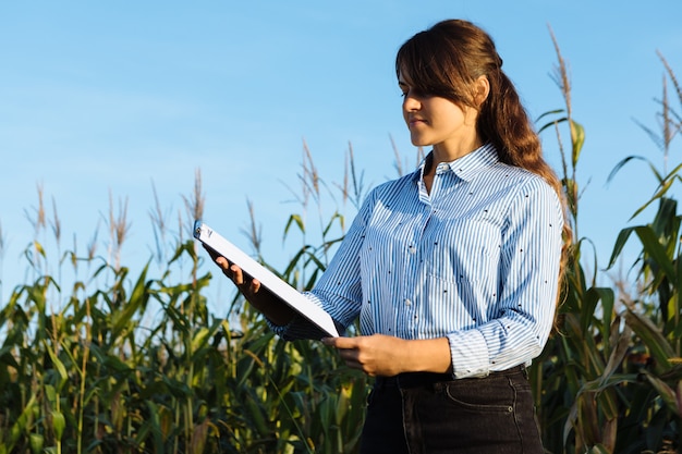 Ingeniero agrónomo de hermosa chica con cuaderno y analiza la cosecha de maíz