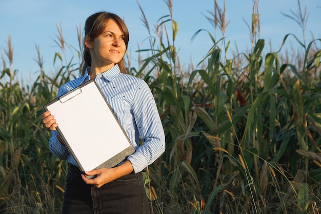 Ingeniero agrónomo de hermosa chica con cuaderno y analiza la cosecha de maíz