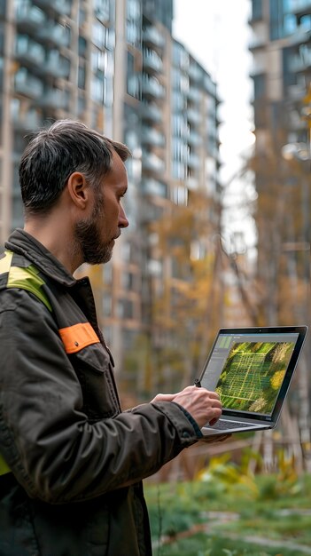 Ingeniero ambiental monitoreando la calidad del aire con software sofisticado en un parque urbano ultra real