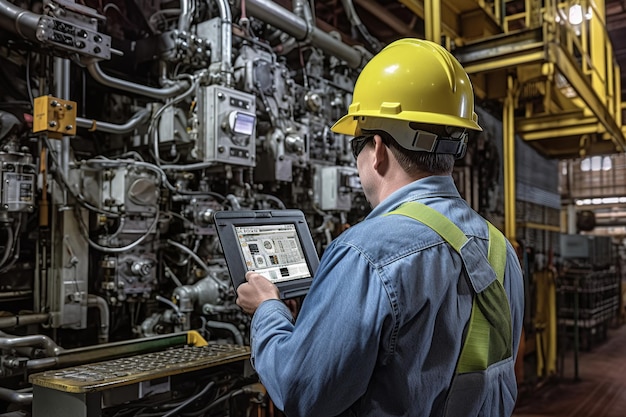 Foto ingeniero analizando datos de mantenimiento en una tableta que prevé el mantenimiento de máquinas industry 40