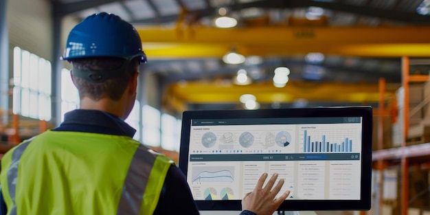 Foto ingeniero analizando datos en el tablero de rendimiento de la fábrica