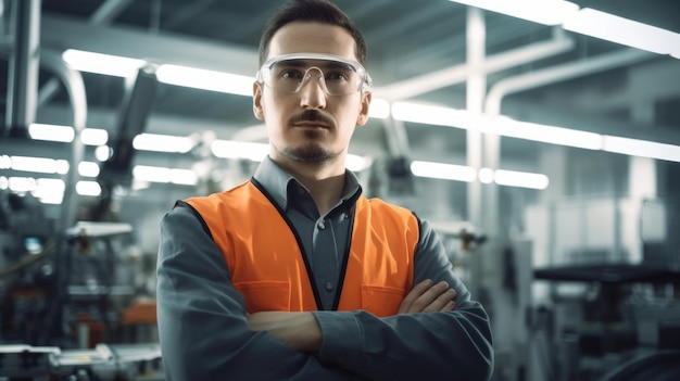 Ingeniero de los años 30 cara sonriente de pie en el fondo borroso de una fábrica inteligente con brazos robóticos AI generativo AIG20