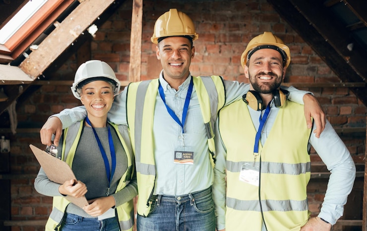 Foto ingeniero arquitecto y equipo contentos con el trabajo en equipo de construcción y el apoyo en el desarrollo del hogar trabajador de la construcción de ingeniería y colaboración con visión de sonrisa y trabajo en equipo en el proyecto de construcción