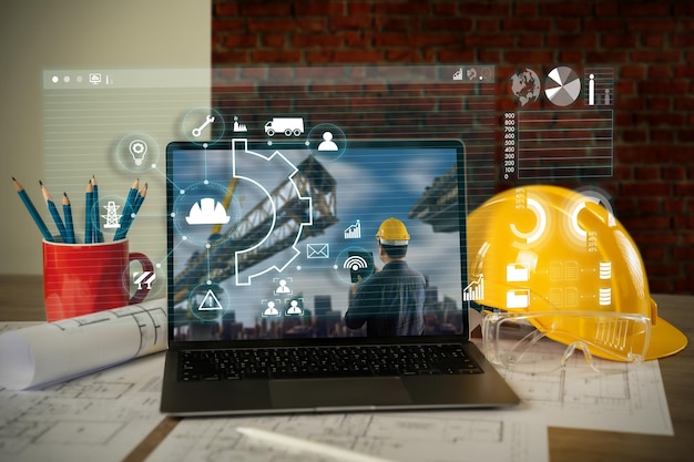 Ingeniero arquitecto industria 40 usando tableta sitio de construcción industrial e innovación infografía en el edificio arquitecto futurista control innovación diseño de seguridad