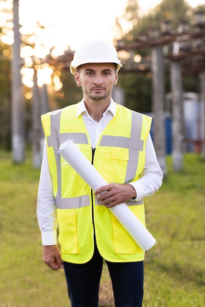 Ingeniero arquitectónico inversor contratista exitoso con casco y chaleco de seguridad