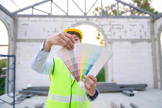 Un ingeniero asiático con casco de seguridad seleccionando el color en el sitio de construcción