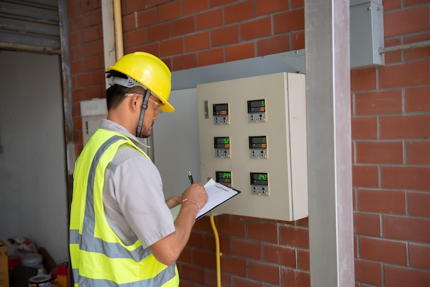 Ingeniero asiático con gafas trabajando en el mantenimiento de la sala de calderas comprobando los datos técnicos del equipo del sistema de calefacciónGente tailandesa