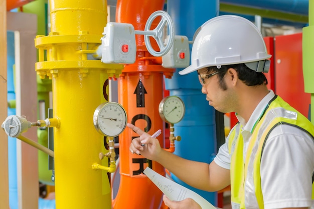 Ingeniero asiático con gafas trabajando en el mantenimiento de la sala de calderas comprobando los datos técnicos del equipo del sistema de calefacciónGente tailandesa