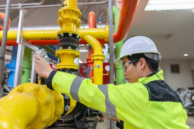 Ingeniero asiático con gafas trabajando en el mantenimiento de la sala de calderas comprobando los datos técnicos del equipo del sistema de calefacciónGente tailandesa