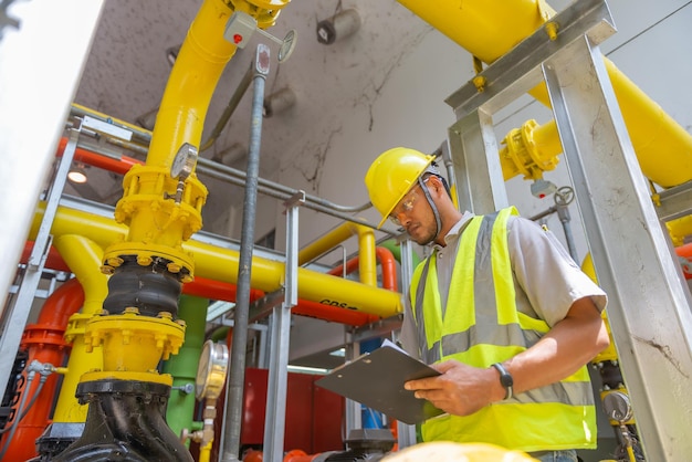 Ingeniero asiático con gafas trabajando en el mantenimiento de la sala de calderas comprobando los datos técnicos del equipo del sistema de calefacciónGente tailandesa