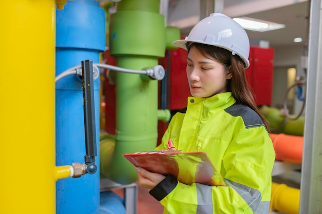 Ingeniero asiático con gafas trabajando en el mantenimiento de la sala de calderas comprobando los datos técnicos del equipo del sistema de calefacciónGente tailandesa