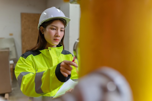 Ingeniero asiático con gafas trabajando en el mantenimiento de la sala de calderas comprobando los datos técnicos del equipo del sistema de calefacciónGente tailandesa