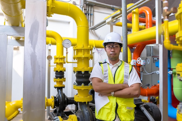 Ingeniero asiático con gafas trabajando en el mantenimiento de la sala de calderas comprobando los datos técnicos del equipo del sistema de calefacciónGente tailandesa