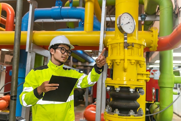 Ingeniero asiático con gafas trabajando en el mantenimiento de la sala de calderas comprobando los datos técnicos del equipo del sistema de calefacciónGente tailandesa