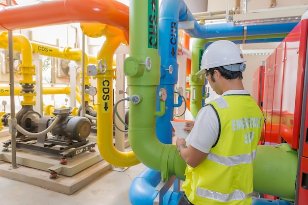 Ingeniero asiático con gafas trabajando en el mantenimiento de la sala de calderas comprobando los datos técnicos del equipo del sistema de calefacciónGente tailandesa