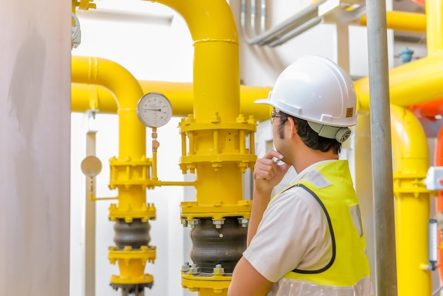 Ingeniero asiático con gafas trabajando en el mantenimiento de la sala de calderas comprobando los datos técnicos del equipo del sistema de calefacciónGente tailandesa