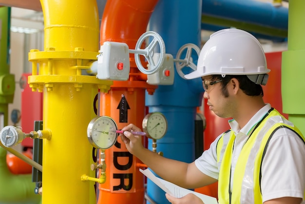 Ingeniero asiático con gafas trabajando en el mantenimiento de la sala de calderas comprobando los datos técnicos del equipo del sistema de calefacciónGente tailandesa